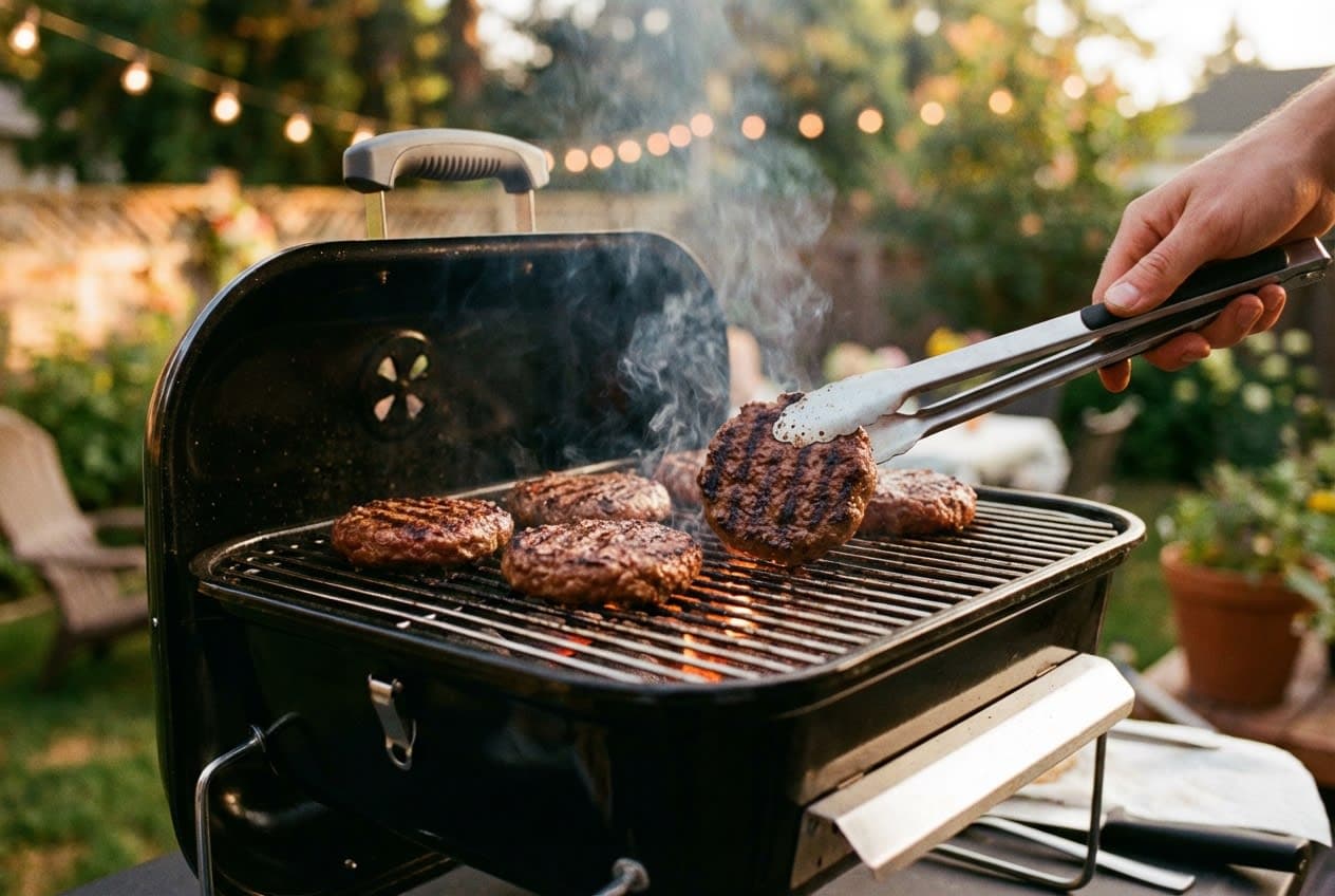 Charcoal grill close-up at a backyard cookout, burgers sizzling