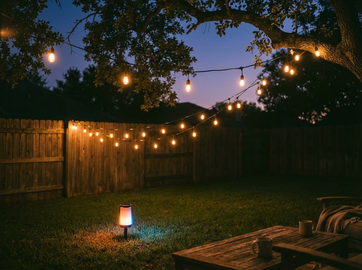 Warm amber string lights and Bluetooth speaker glowing in a backyard at dusk