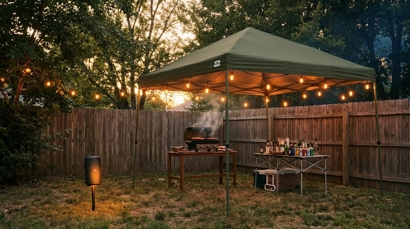 Complete Backyard Blitz kit at a suburban party — canopy, table, speaker, and string lights at dusk
