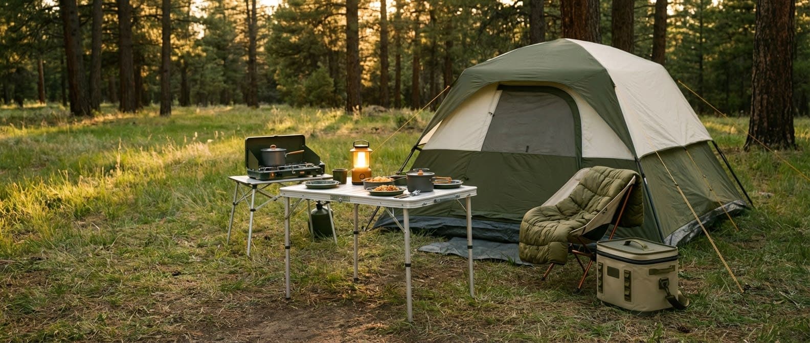 Complete Field Base Camp kit set up at a forest campsite at golden hour — tent, lantern, stove, chair, and speaker