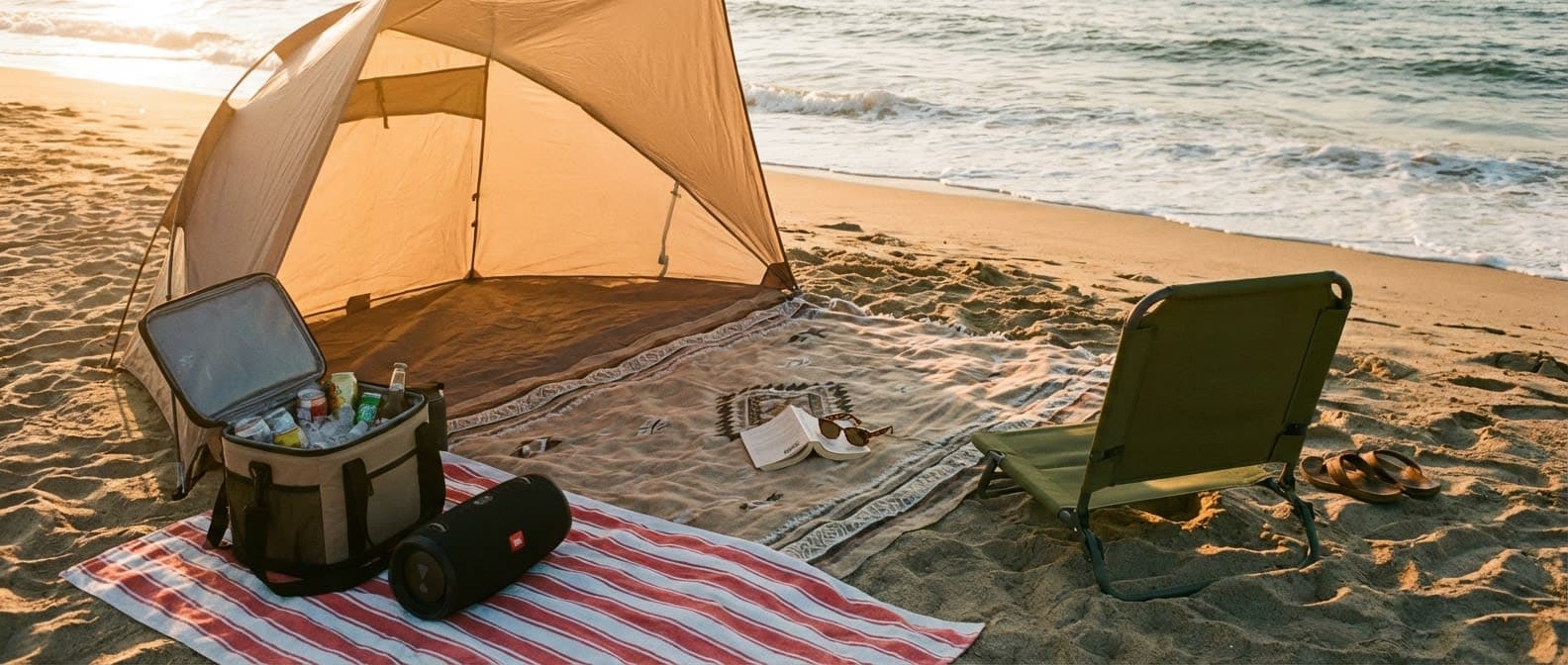 Kinetic Outdoors — complete beach setup at golden hour