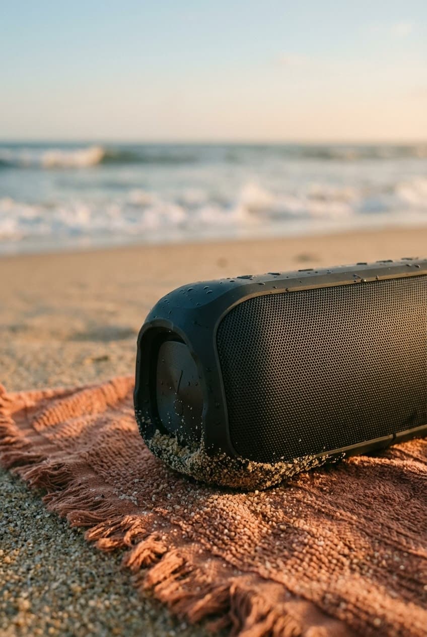 The Tideline Speaker — Waterproof sound that fills a beach blanket